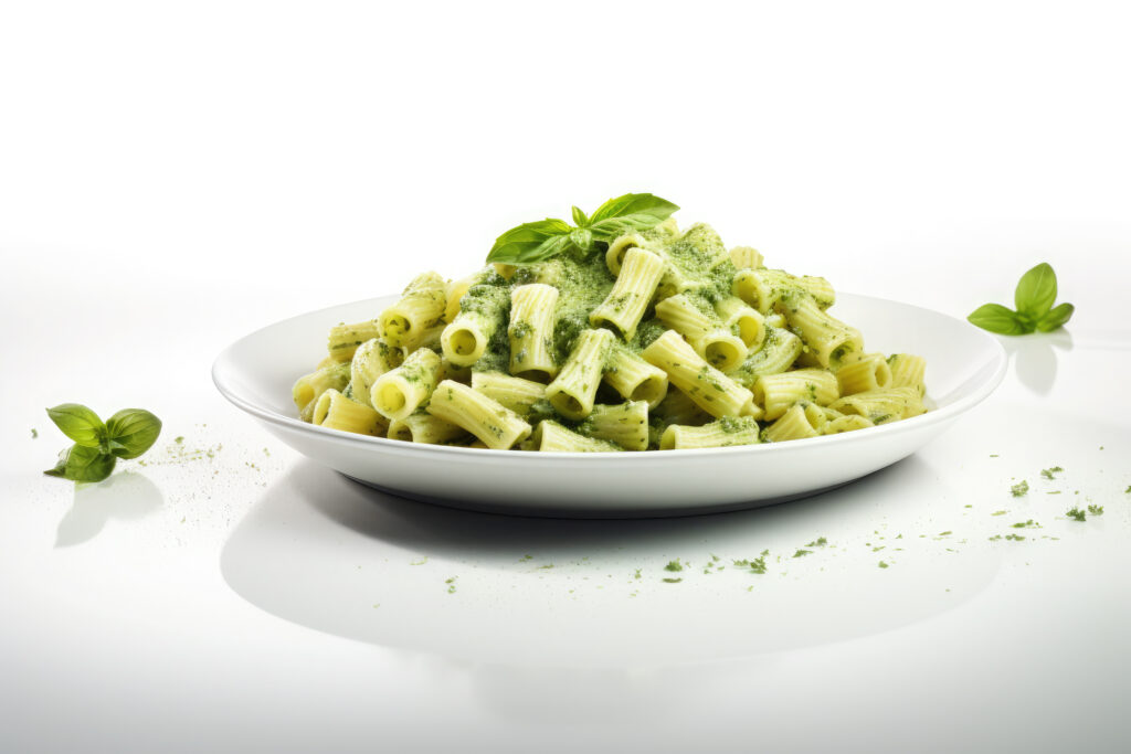 A plate of fresh pesto pasta garnished with basil leaves and grated Parmesan cheese.
